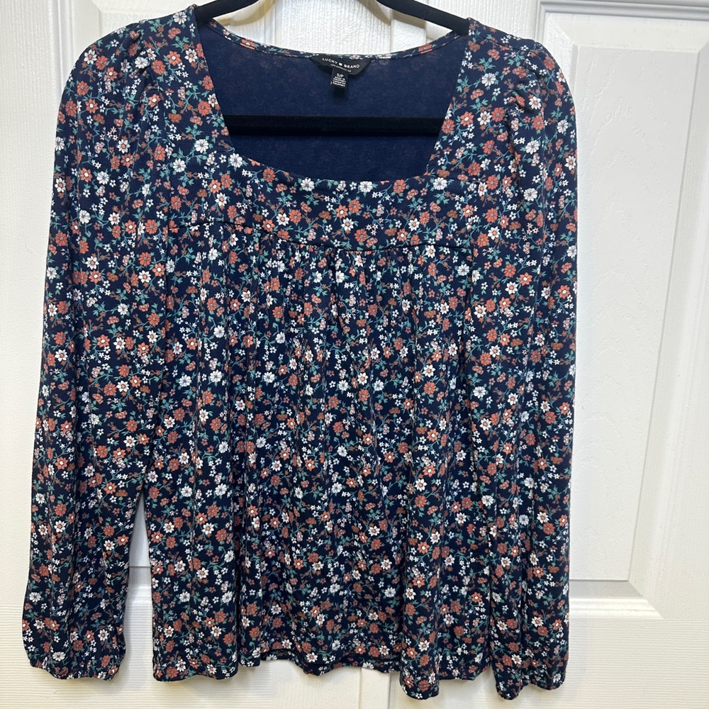 Lucky Brand Floral Peasant Blouse Navy Orange Long Sleeve Boho Cottagecore Small